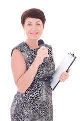 attractive middle aged reporter with microphone isolated on whit