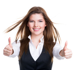 Wall Mural - Young happy woman with thumbs up.