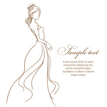 Wedding Card With Beautiful Bride In White Dress. Vector