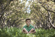 © Mint Images - A boy sitting cross-legged in a woodland tunnel with tree branches meeting overhead.