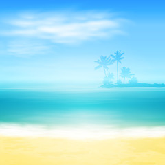 Wall Mural - Beach and tropical sea with island and palm trees.