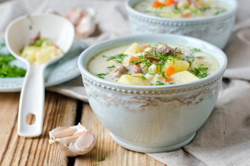 Cheese soup with chicken and vegetables