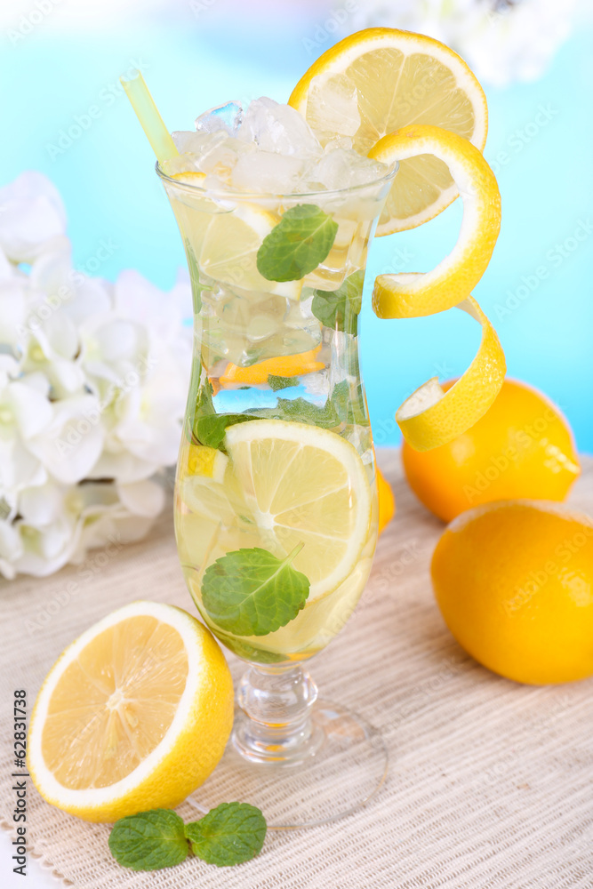 Glass of cocktail with lemon and mint