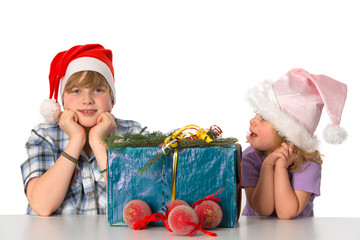 Wall Mural - brother and sister with christmas present