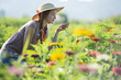 © Mint Images - Summer on an organic farm. A young woman in a field of flowers.