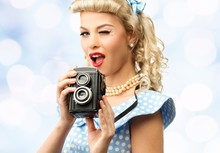 Blond Coquette Pin Up Style Young Woman In Blue Dress