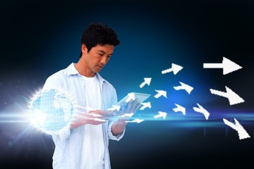Poster - Casual man using tablet with arrows