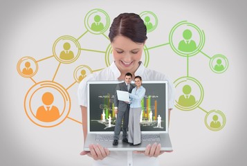Aufkleber - Happy businesswoman showing laptop with business people on it