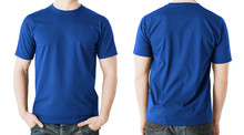 Man In Blank Blue T-shirt, Front And Back View