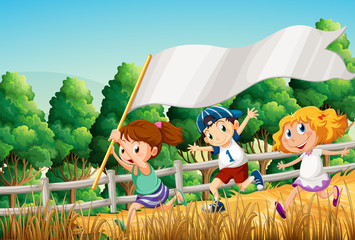 Wall Mural - Kids at the woods with an empty banner