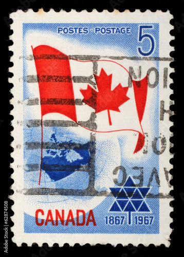 Poster Stamp printed in Canada shows Canada flag, circa 1967