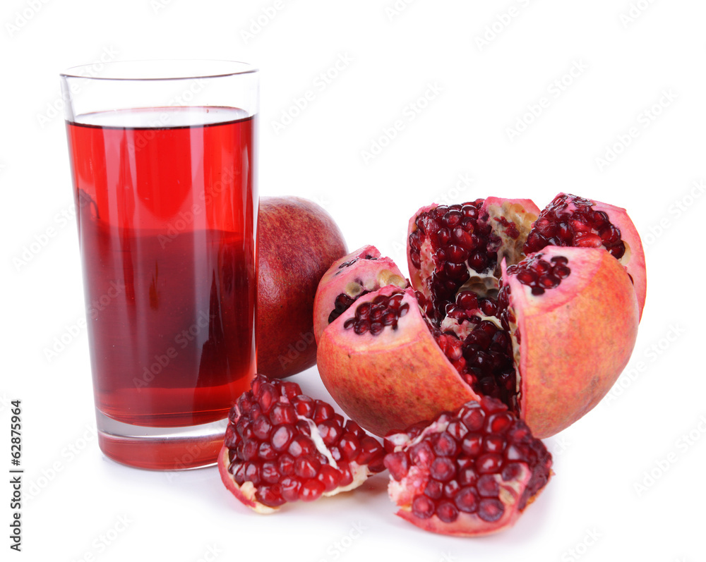 Ripe pomegranates with juice isolated on white