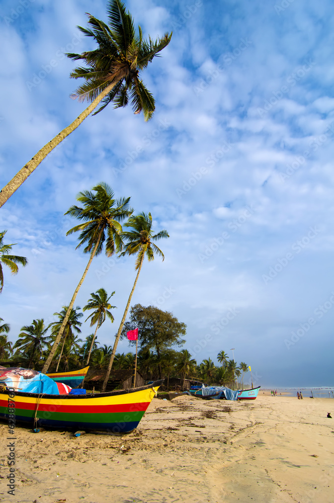 Goa cover page with blue skies and boat - obrazy, fototapety, plakaty 