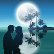 Sea at night. Island with palm trees, moon and couple.