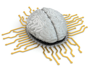 Poster - Human brain as computer chip. Concept of CPU.