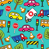 seamless pattern with cars and traffic signs