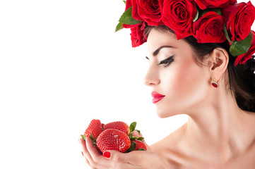Wall Mural - beautiful fashion model with red roses hairstyle