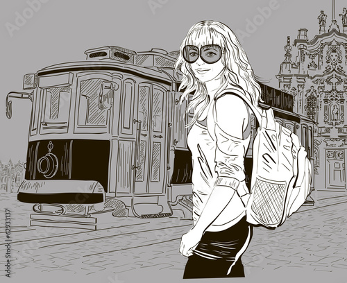 Fototapeta do kuchni urban scene: fashion girl and old tram