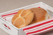 Buns On Tray With Napkin On Natural Linen Background