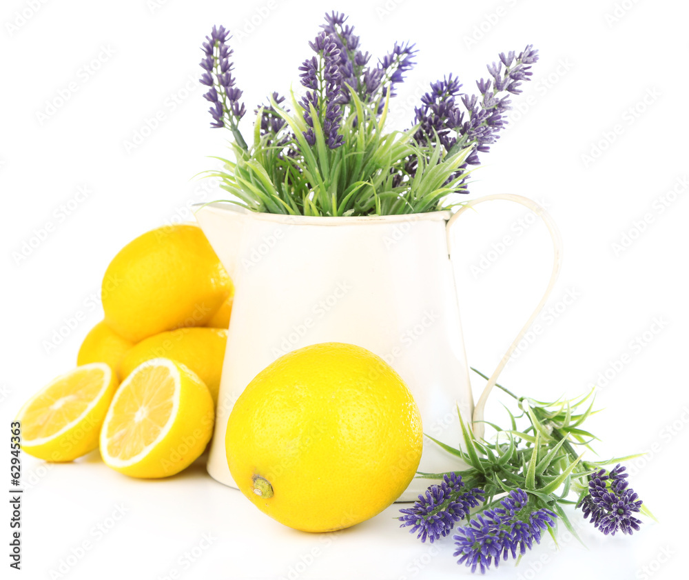 Still life with fresh lemons and lavender, isolated on white