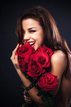 Beautiful Female Holding Red Roses Bouquet, Valentines Day.
