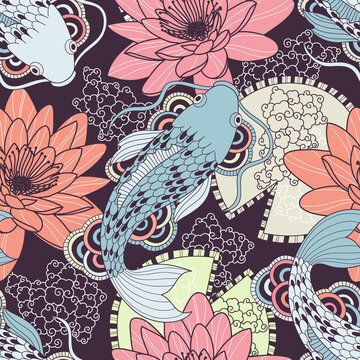 Fototapete -  - Chinese carps seamless pattern