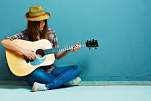 Teenager Girl Guitar Play.