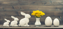 Narcissus Flowers With Easter Bunny And Eggs
