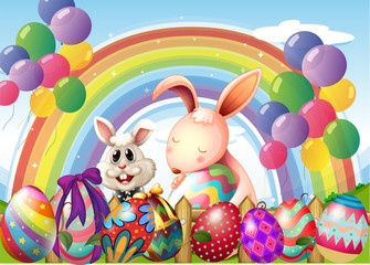 Poster - Bunnies and colorful eggs near the rainbow and floating balloons