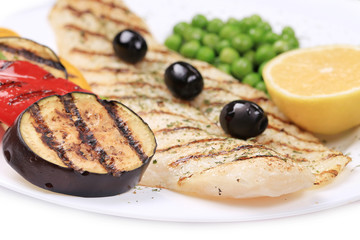 Sticker - fish fillets with vegetables on barbecue.