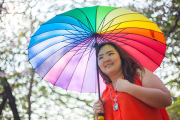 Happy fatty woman with umbrella