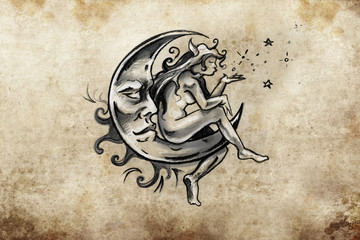 fairy sitting on the moon, Tattoo sketch, handmade design over v