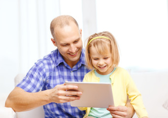 Sticker - happy father and daughter with tablet pc computer