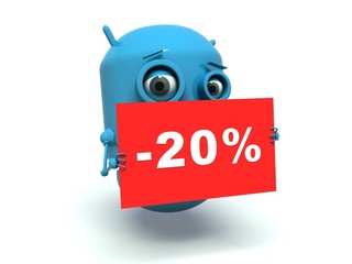 Cute blue robot advertising 20 % discount.