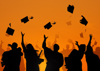 Canvas Print - Silhouette of Graduating Students Throwing Caps In The Air