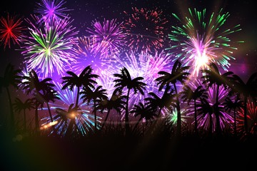 Aufkleber - Digitally generated palm tree background with fireworks