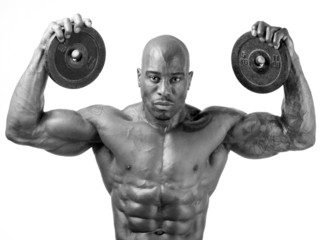 Poster - Bodybuilder training with heavy dumbbell, abs, chest, biceps