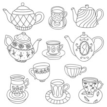 Cute Cartoon Vector Vintage Set Of Cups And Teapots