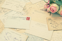Vintage Postcards And Soft Rose Flowers. Nostalgia
