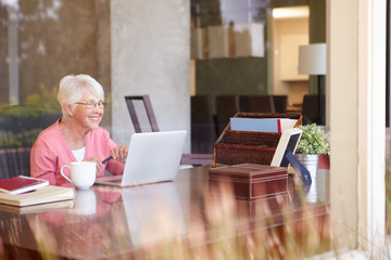 Canvas Print - View Of Senior Woman Using Laptop Through Window