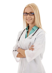 Blond beautiful woman doctor in glasses looking at camera, smili