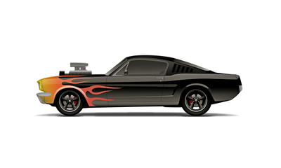 castomized muscle car with supercharger and flames