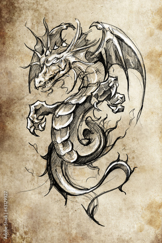 Fototapeta na wymiar Dragon lizzard, Tattoo sketch, handmade design over vintage pape