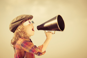 Poster - Child shouting through vintage megaphone