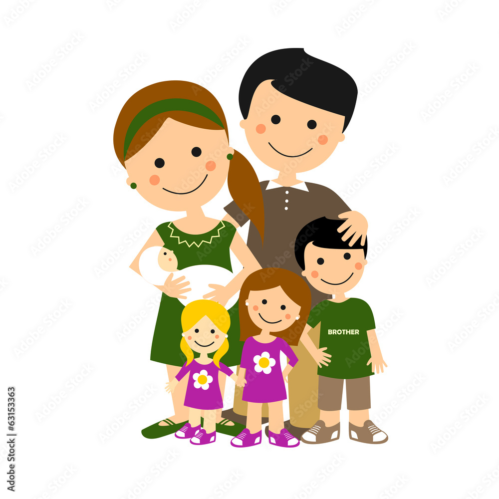 Familia numerosa feliz. Padres con cuatro hijos. Ilustración vectorial  Stock Vector | Adobe Stock, image size:1000x1000