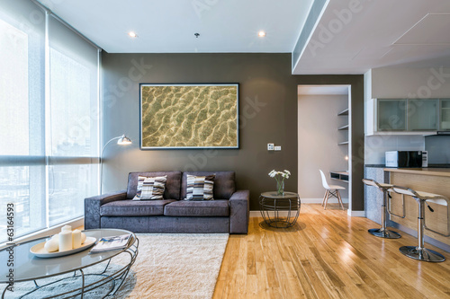Fotografia, Obraz living room with big window and brown wall interior