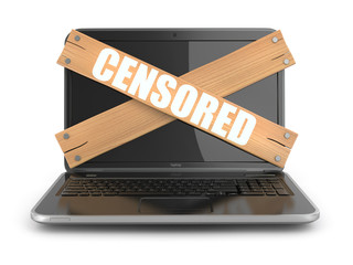Poster - Concept of censure. Boarded up laptop