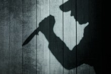 Human Silhouette With Knife In Shadow On Wooden Background, XXXL