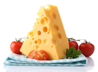 Sticker - Piece of cheese and tomatoes,on color napkin, isolated on white