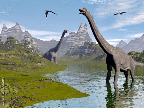 Obraz w ramie Brachiosaurus dinosaurs in water - 3D render